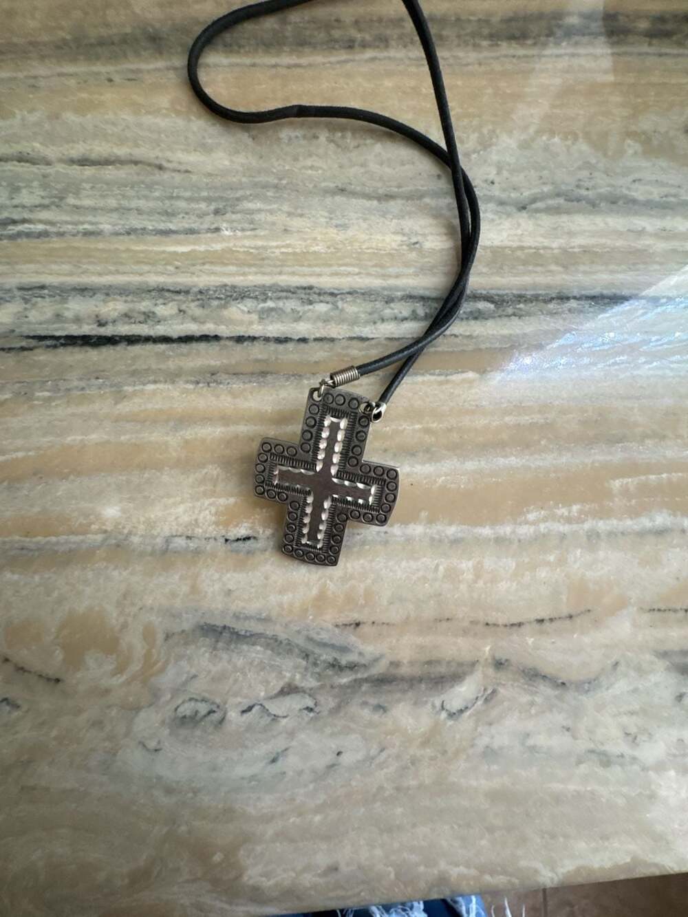 Vintage 1994 Premier Designs Pewter Cross Necklace on Leather Cord